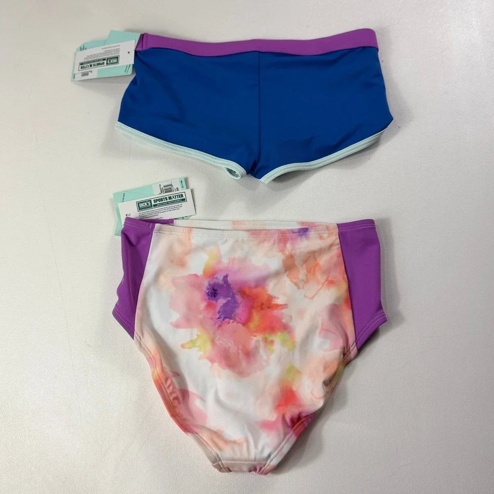 Lot 2 DSG Girls Swim Bottoms Blue Boy Shorts Floral High Waist Medium 8-10 NWT